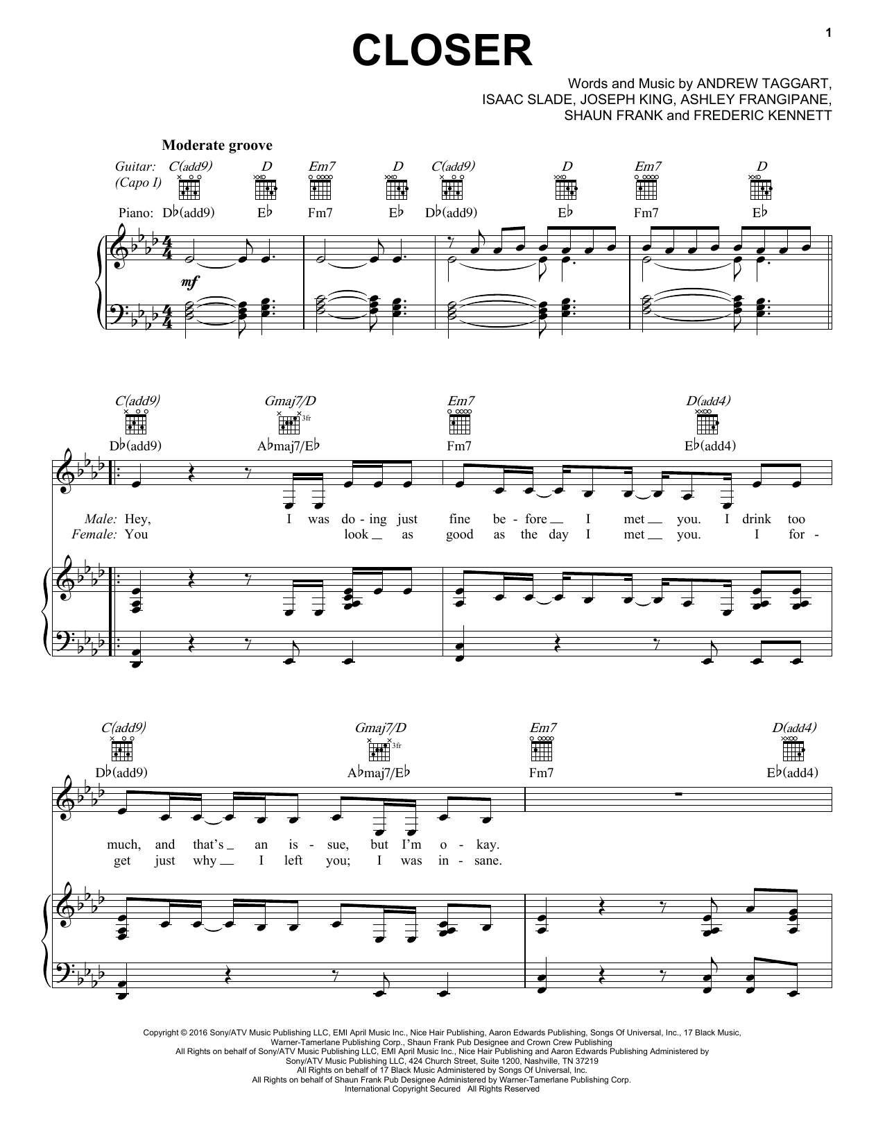 The Chainsmokers featuring Halsey Closer Sheet Music Notes & Chords for Piano, Vocal & Guitar (Right-Hand Melody) - Download or Print PDF