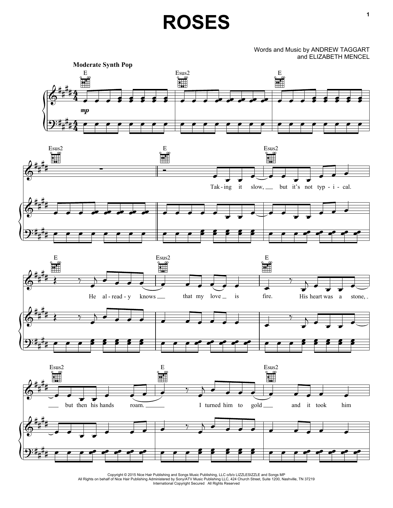 The Chainsmokers featuring ROZES Roses Sheet Music Notes & Chords for Piano, Vocal & Guitar (Right-Hand Melody) - Download or Print PDF