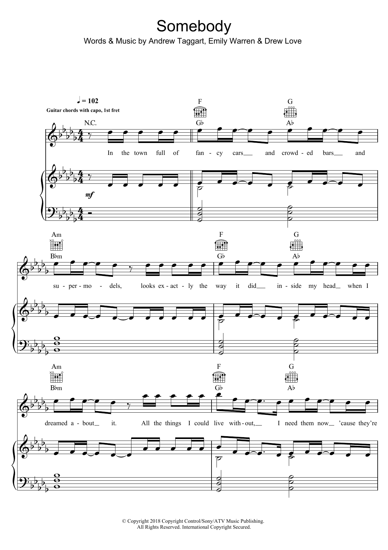 The Chainsmokers Somebody Sheet Music Notes & Chords for Piano, Vocal & Guitar (Right-Hand Melody) - Download or Print PDF