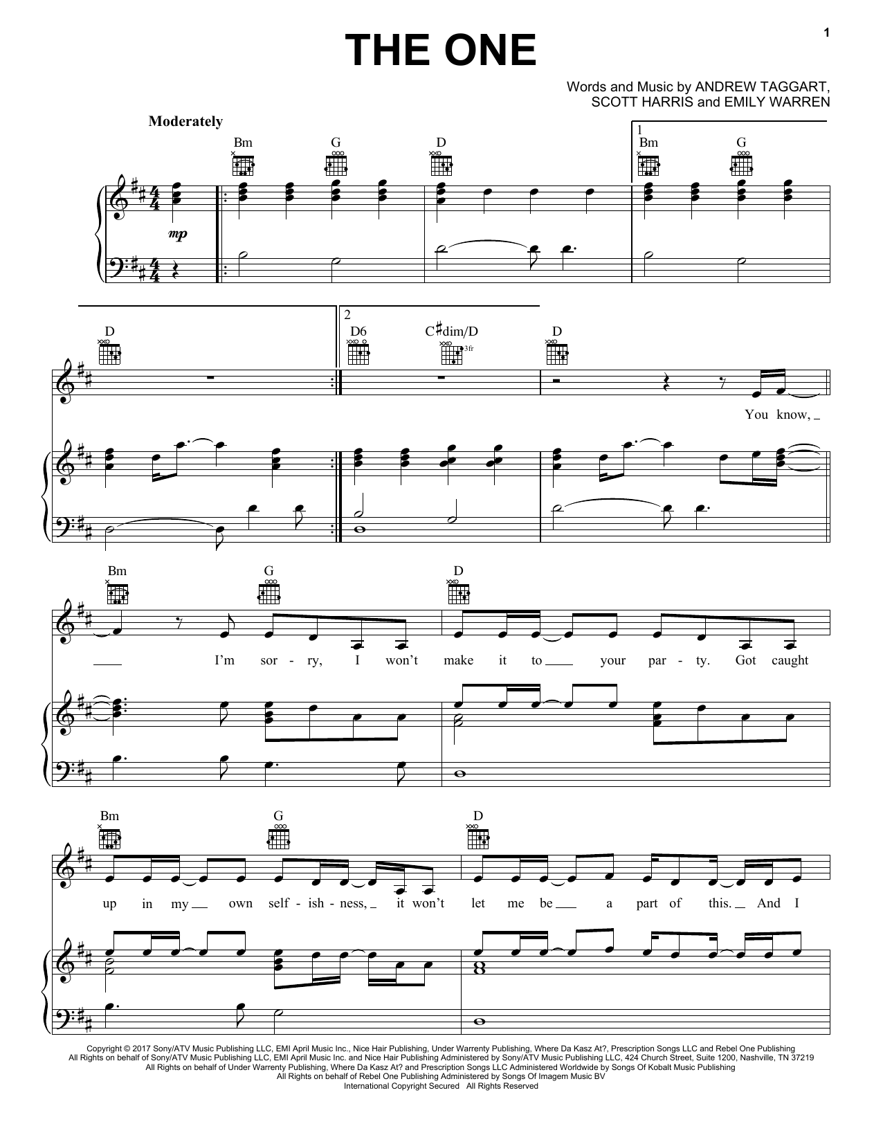 The Chainsmokers The One Sheet Music Notes & Chords for Piano, Vocal & Guitar (Right-Hand Melody) - Download or Print PDF