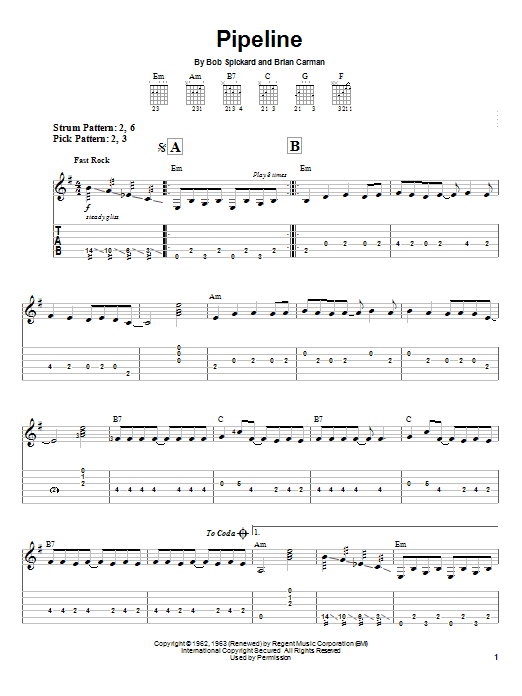 The Chantays Pipeline Sheet Music Notes & Chords for Easy Guitar Tab - Download or Print PDF