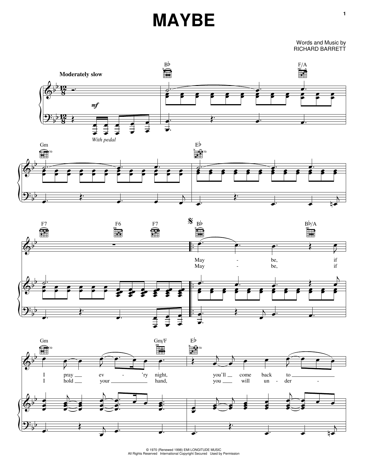 The Chantels Maybe Sheet Music Notes & Chords for Piano, Vocal & Guitar (Right-Hand Melody) - Download or Print PDF