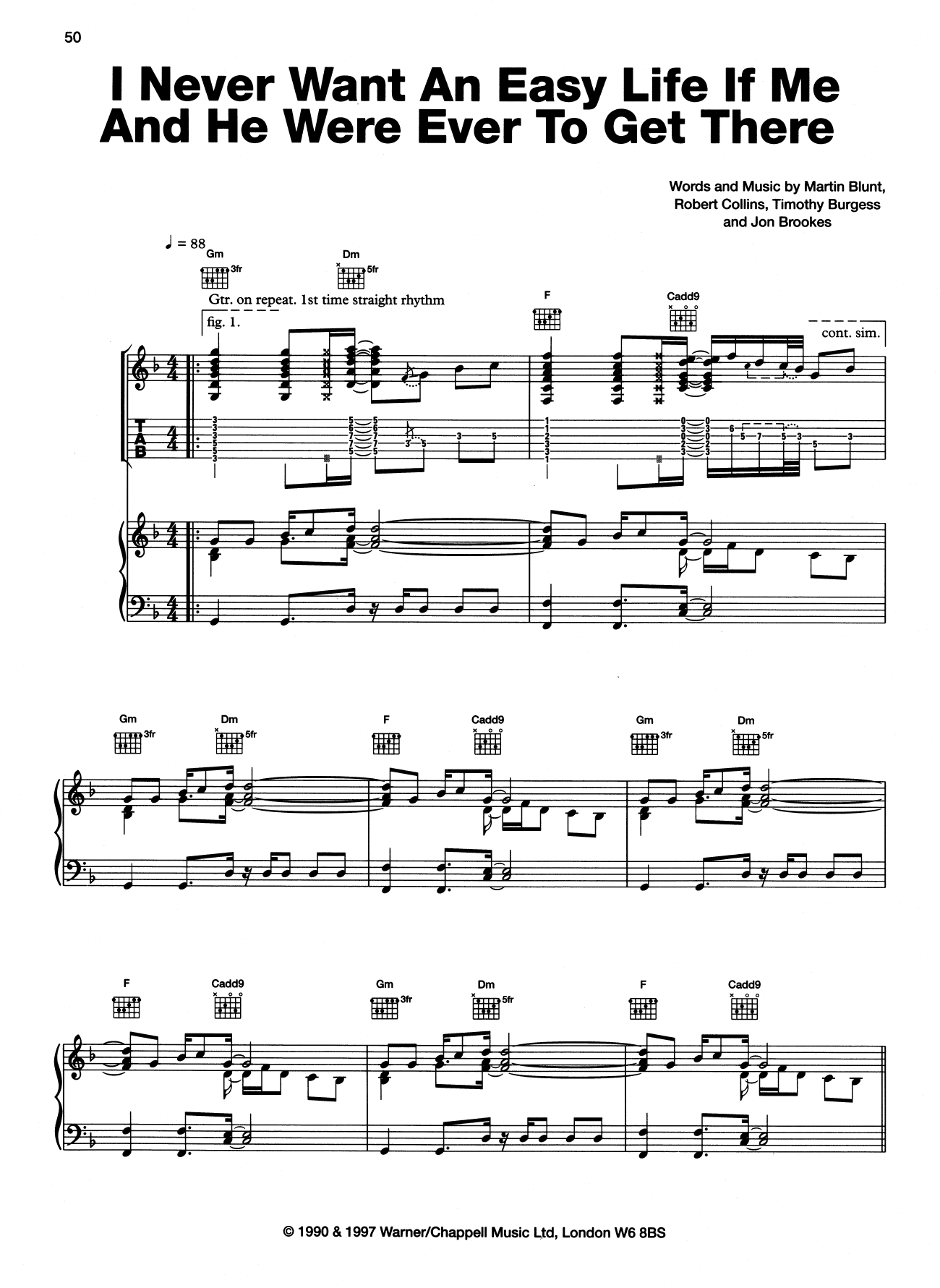 The Charlatans I Never Want An Easy Life If Me And He Were Ever To Get There Sheet Music Notes & Chords for Piano, Vocal & Guitar (Right-Hand Melody) - Download or Print PDF