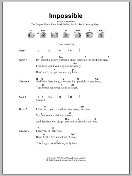 The Charlatans Impossible Sheet Music Notes & Chords for Lyrics & Chords - Download or Print PDF