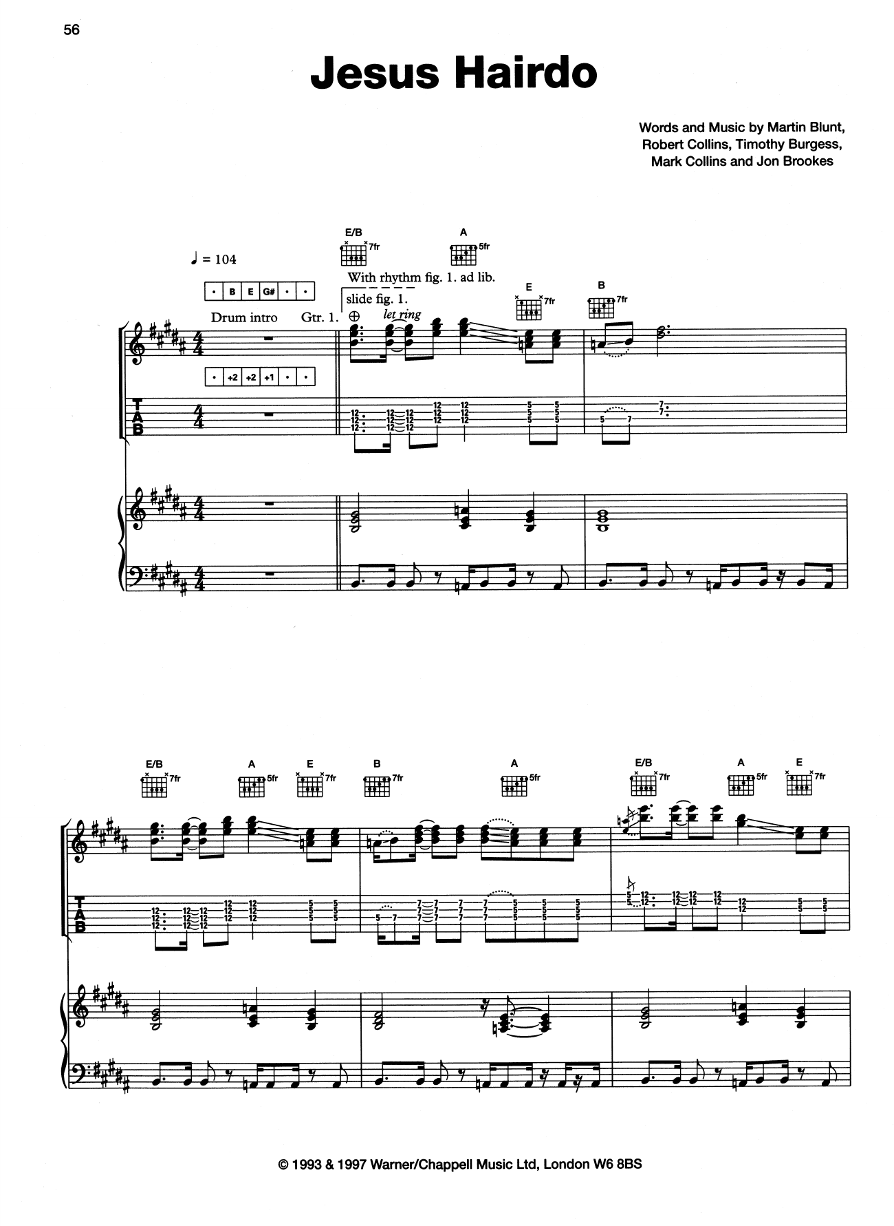 The Charlatans Jesus Hairdo Sheet Music Notes & Chords for Piano, Vocal & Guitar (Right-Hand Melody) - Download or Print PDF