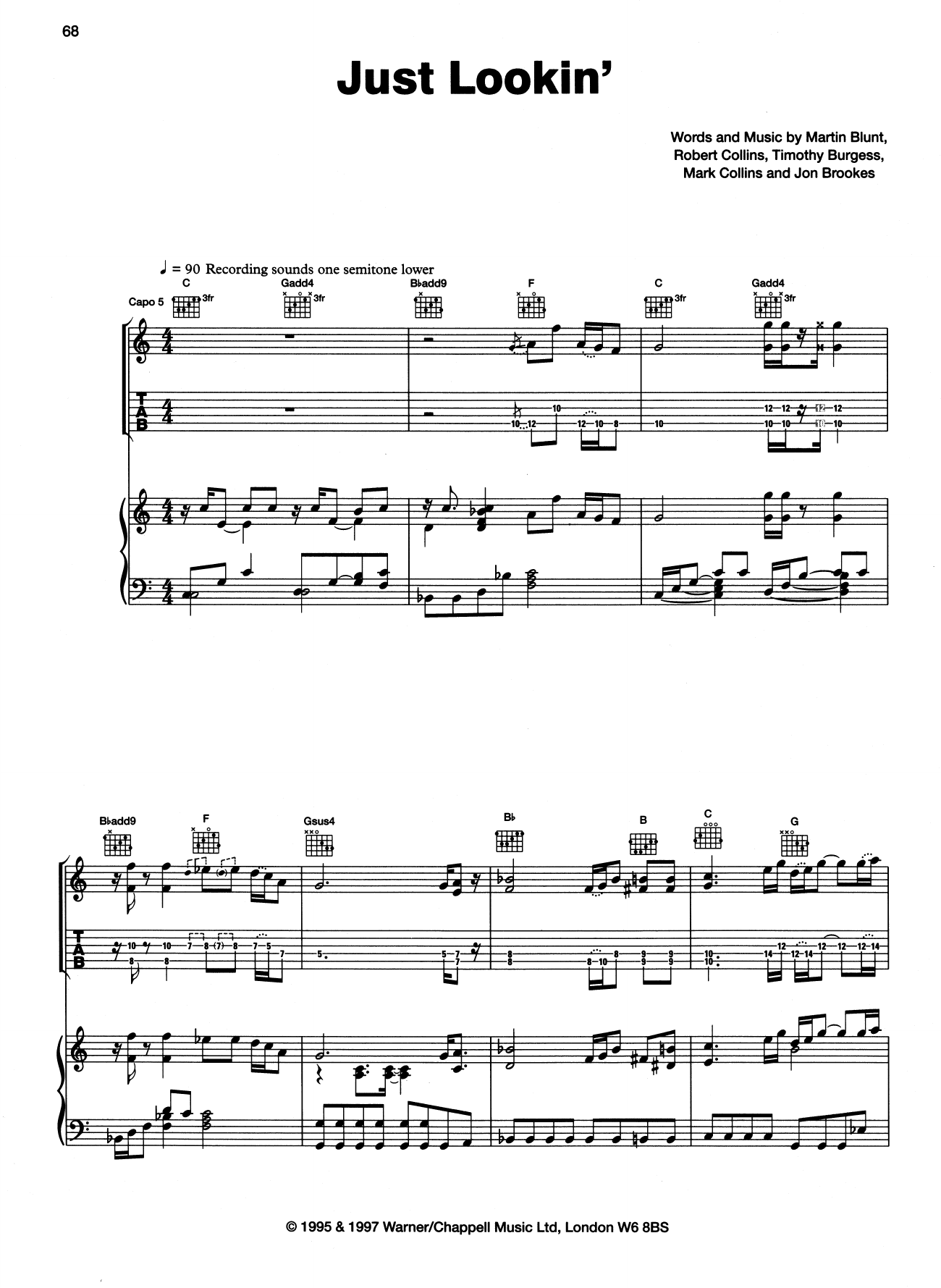 The Charlatans Just Lookin' Sheet Music Notes & Chords for Piano, Vocal & Guitar (Right-Hand Melody) - Download or Print PDF
