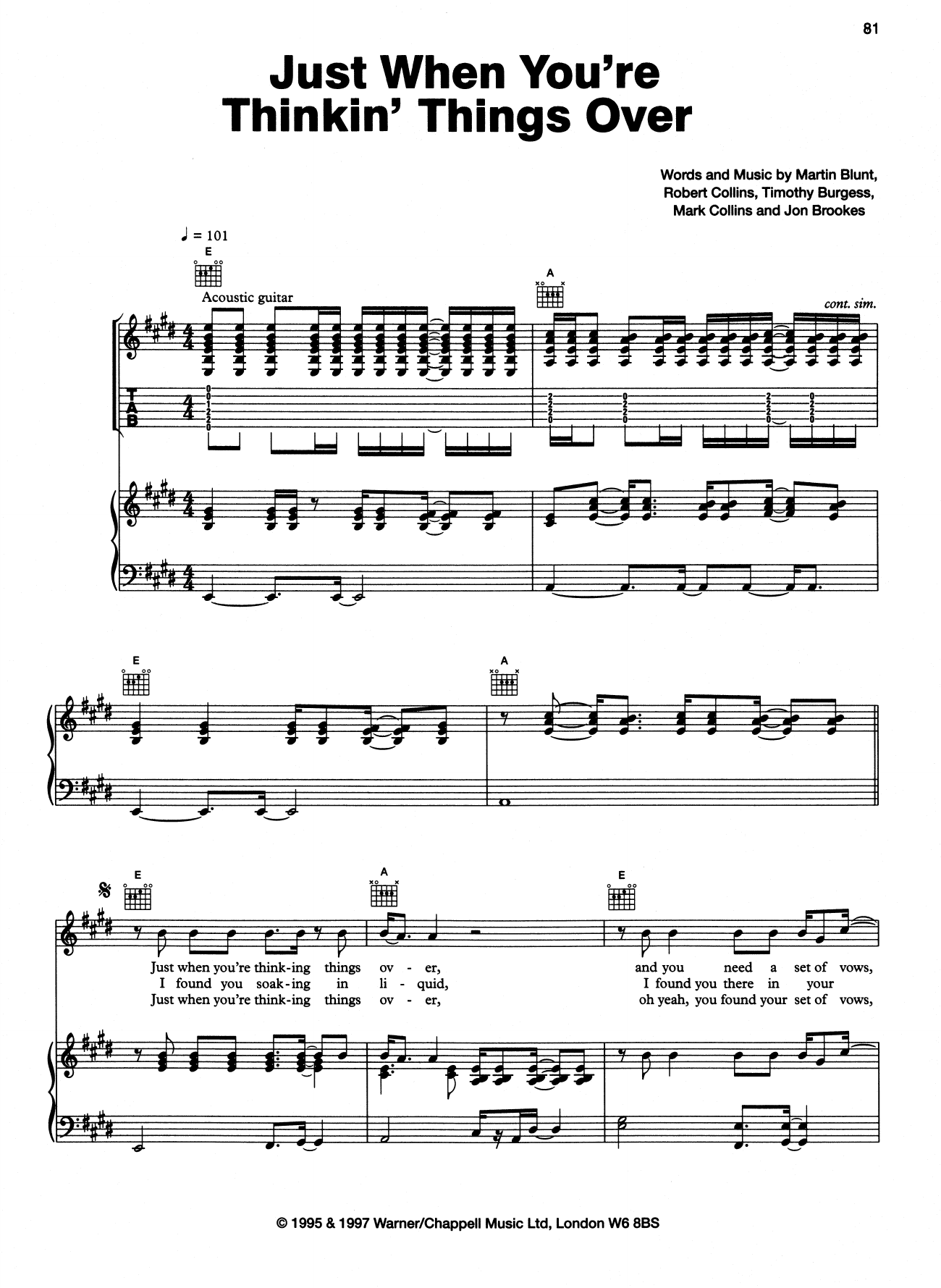 The Charlatans Just When You're Thinkin' Things Over Sheet Music Notes & Chords for Lyrics & Chords - Download or Print PDF