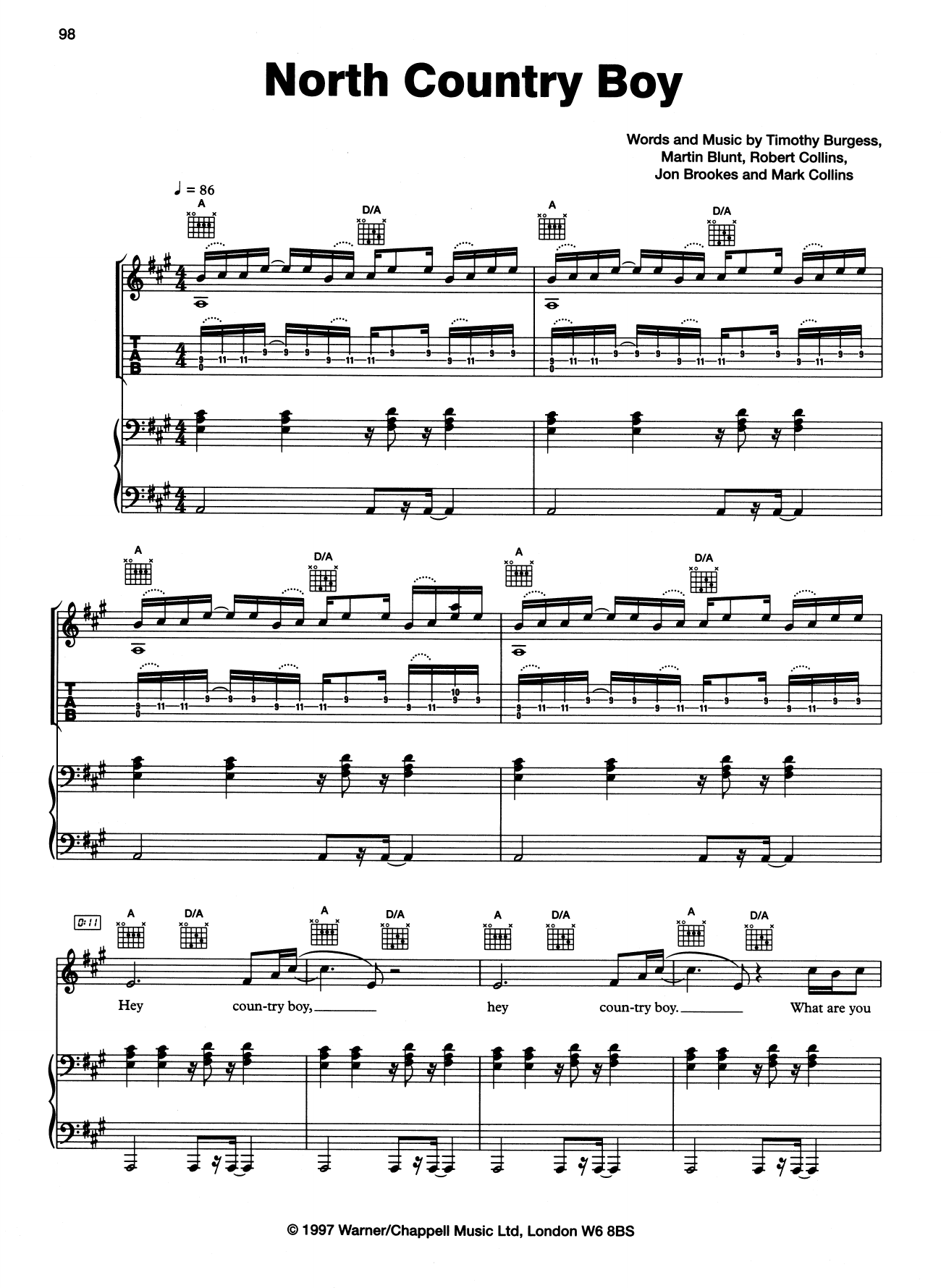The Charlatans North Country Boy Sheet Music Notes & Chords for Piano, Vocal & Guitar (Right-Hand Melody) - Download or Print PDF