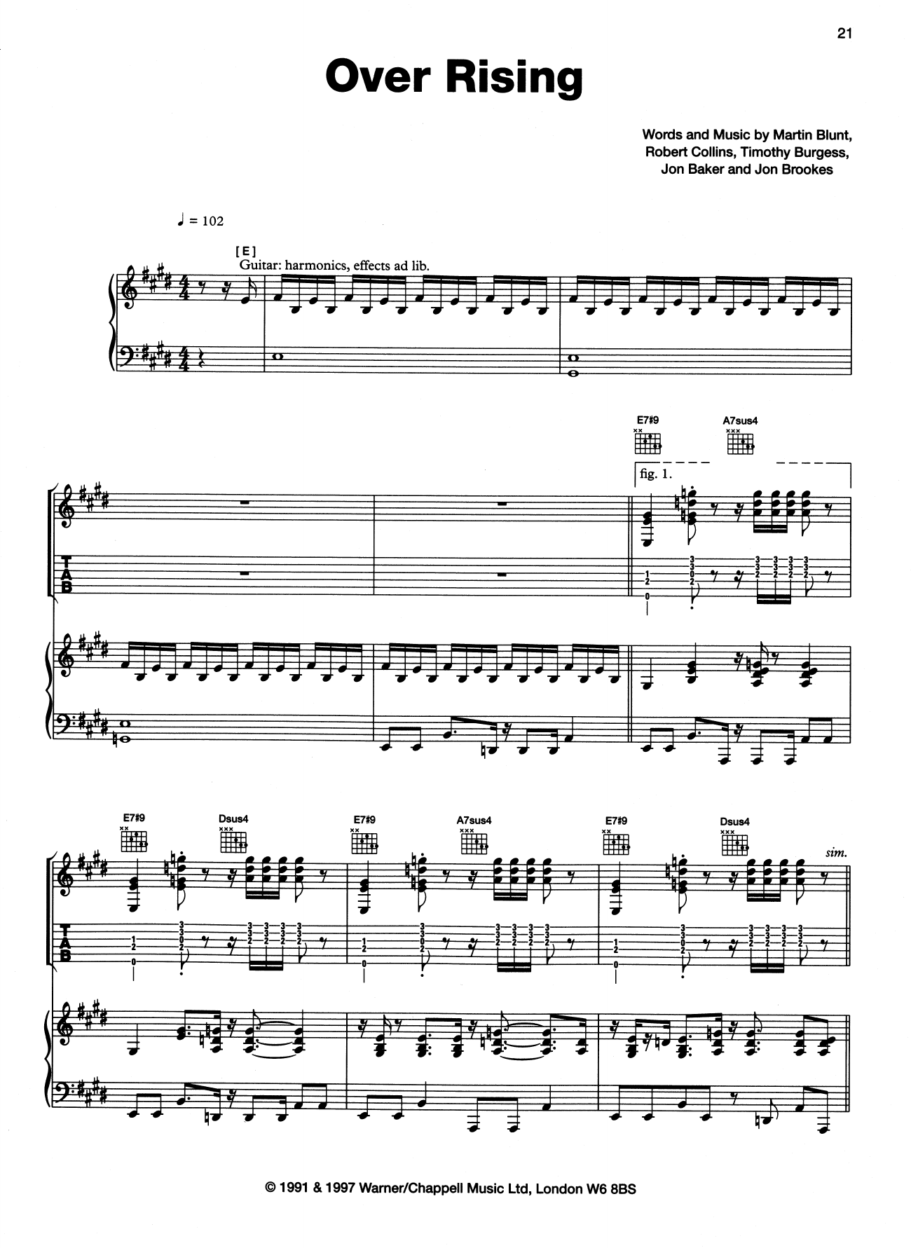 The Charlatans Over Rising Sheet Music Notes & Chords for Piano, Vocal & Guitar (Right-Hand Melody) - Download or Print PDF