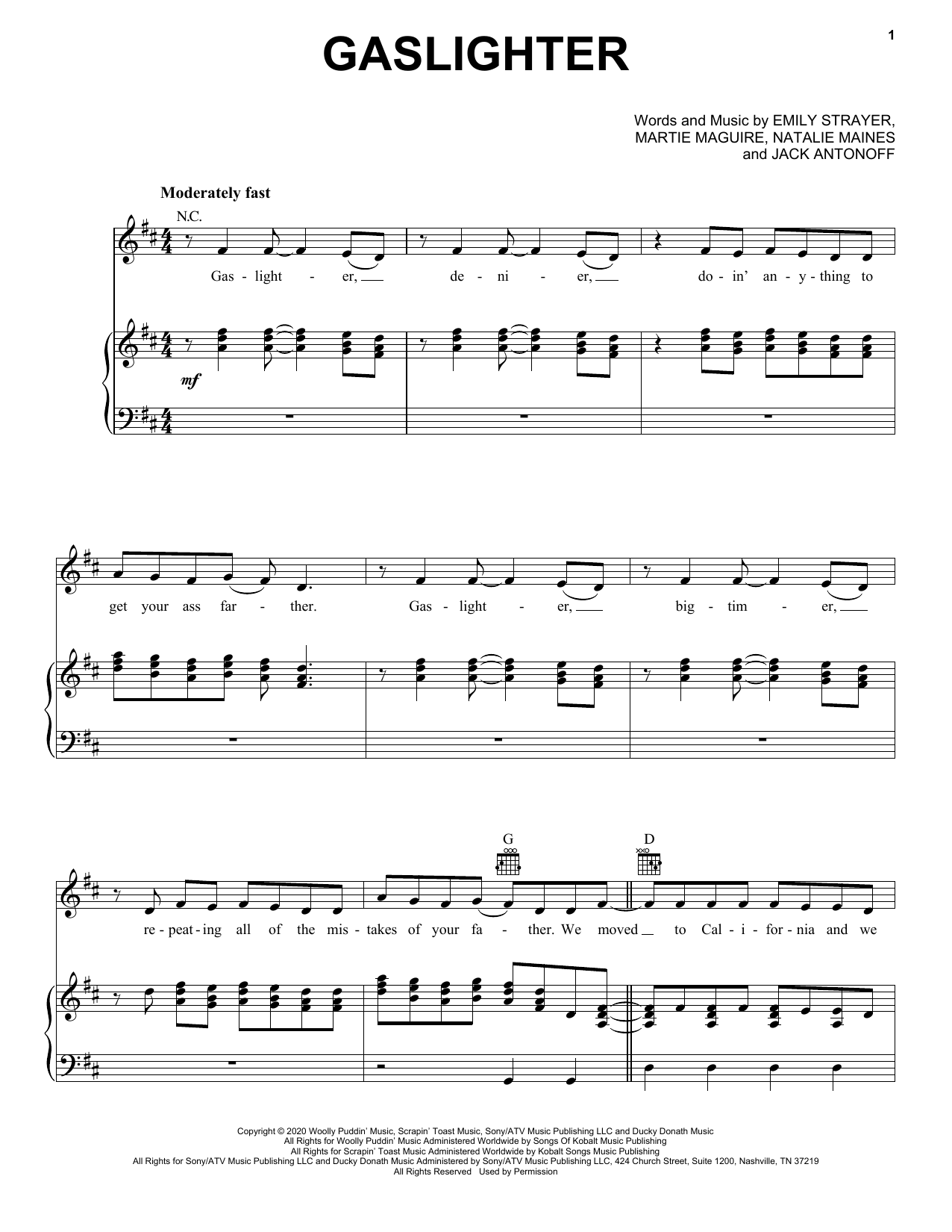 The Chicks Gaslighter Sheet Music Notes & Chords for Piano, Vocal & Guitar (Right-Hand Melody) - Download or Print PDF