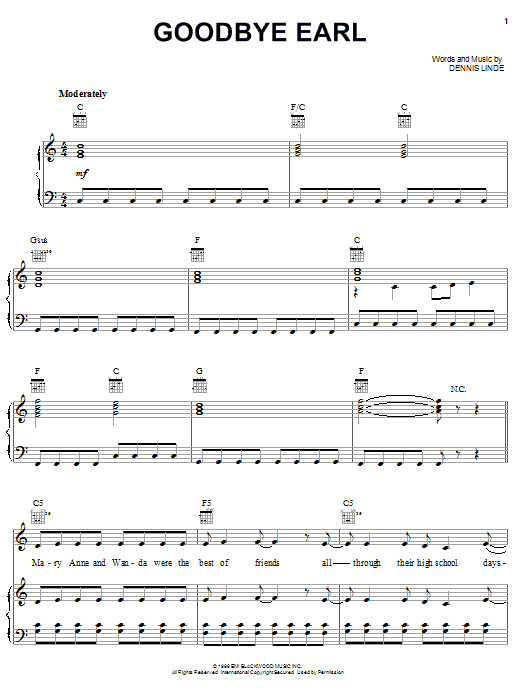 The Chicks Goodbye Earl Sheet Music Notes & Chords for Melody Line, Lyrics & Chords - Download or Print PDF