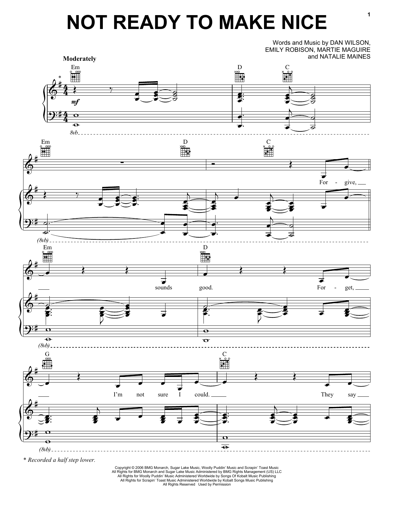 The Chicks Not Ready To Make Nice Sheet Music Notes & Chords for Piano, Vocal & Guitar (Right-Hand Melody) - Download or Print PDF