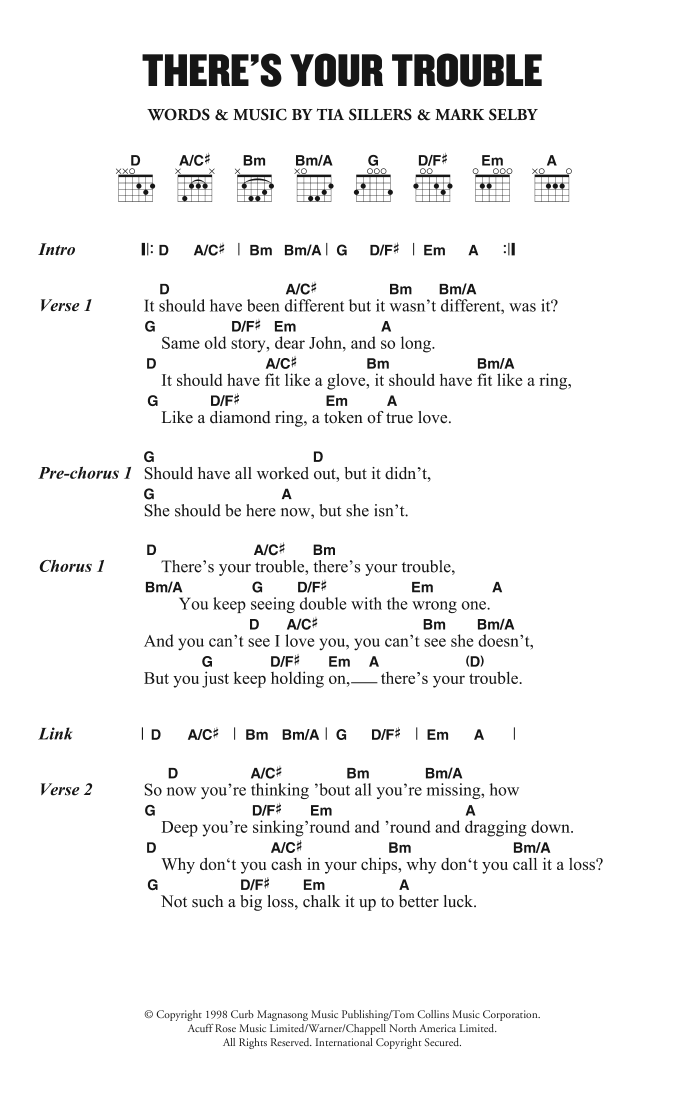 The Chicks There's Your Trouble Sheet Music Notes & Chords for Lyrics & Chords - Download or Print PDF