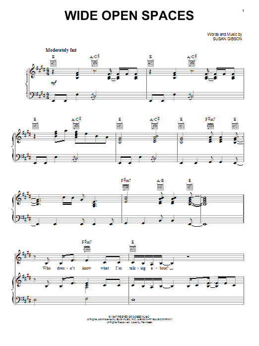 The Chicks Wide Open Spaces Sheet Music Notes & Chords for Lyrics & Chords - Download or Print PDF