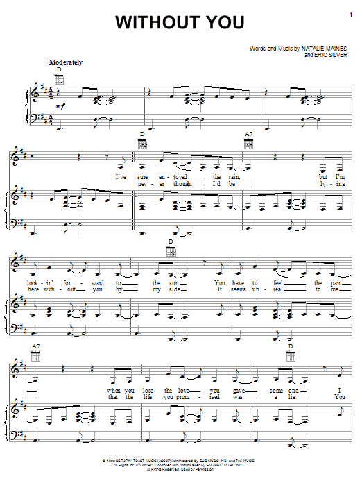 The Chicks Without You Sheet Music Notes & Chords for Piano, Vocal & Guitar (Right-Hand Melody) - Download or Print PDF