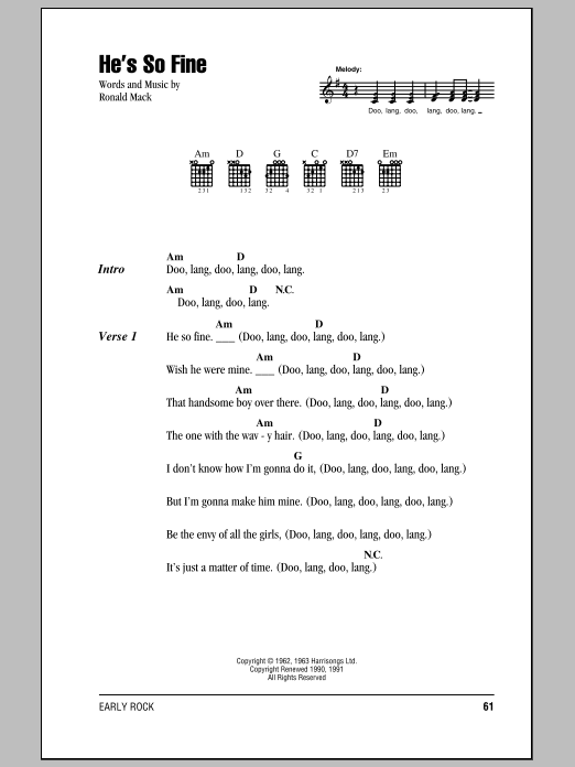 The Chiffons He's So Fine Sheet Music Notes & Chords for Lyrics & Chords - Download or Print PDF