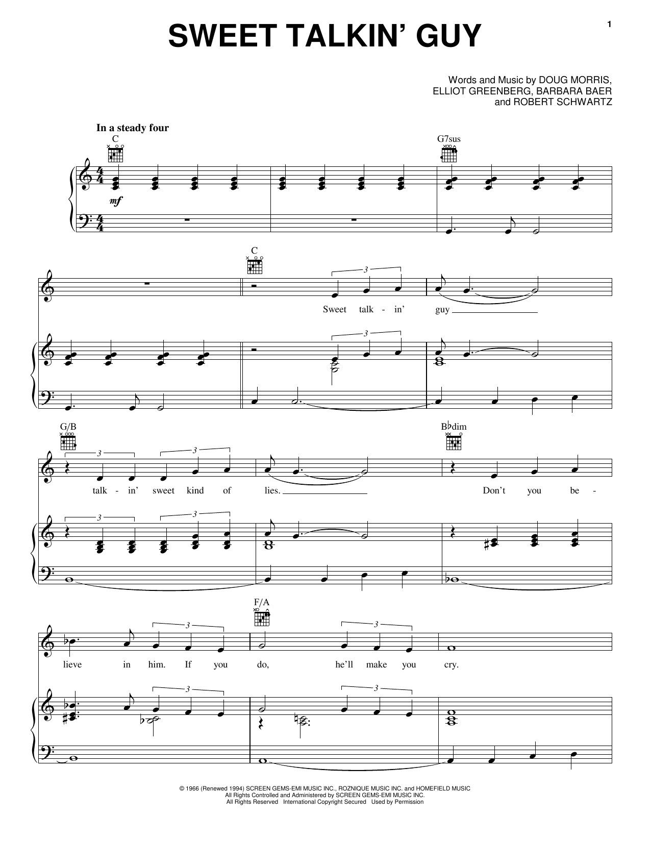 The Chiffons Sweet Talkin' Guy Sheet Music Notes & Chords for Piano, Vocal & Guitar (Right-Hand Melody) - Download or Print PDF