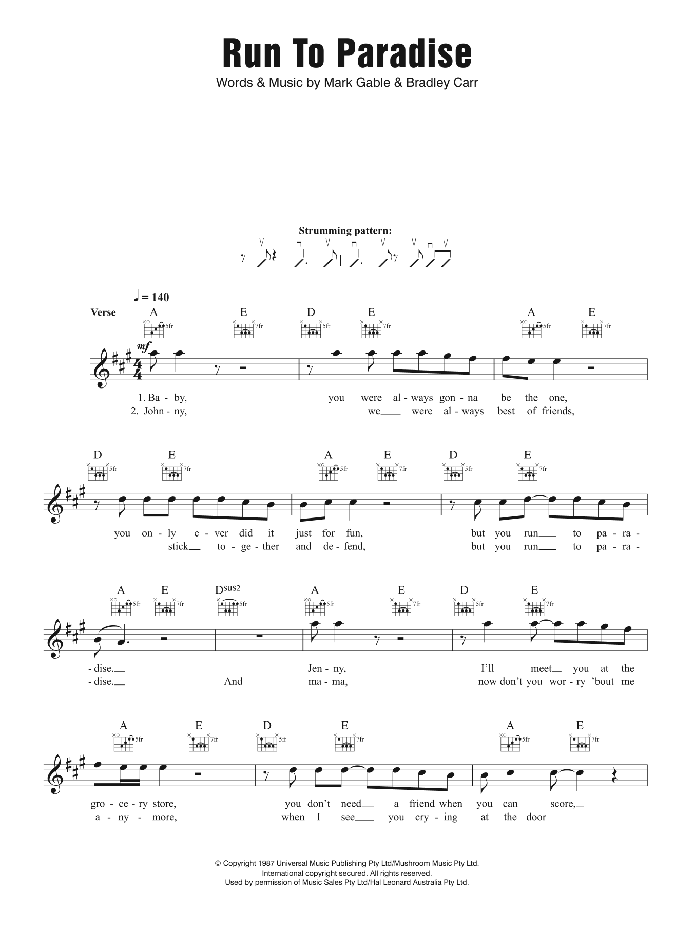 The Choirboys Run To Paradise Sheet Music Notes & Chords for Melody Line, Lyrics & Chords - Download or Print PDF