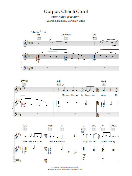 The Choirboys Corpus Christi Carol Sheet Music Notes & Chords for Piano, Vocal & Guitar (Right-Hand Melody) - Download or Print PDF