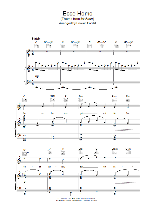 The Choirboys Ecce Homo (Theme from Mr Bean) Sheet Music Notes & Chords for Piano, Vocal & Guitar (Right-Hand Melody) - Download or Print PDF