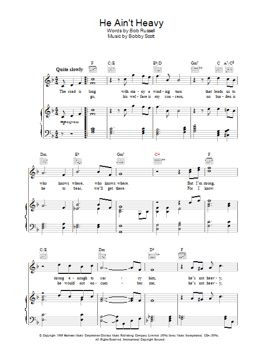 The Choirboys He Ain't Heavy, He's My Brother Sheet Music Notes & Chords for Piano, Vocal & Guitar (Right-Hand Melody) - Download or Print PDF