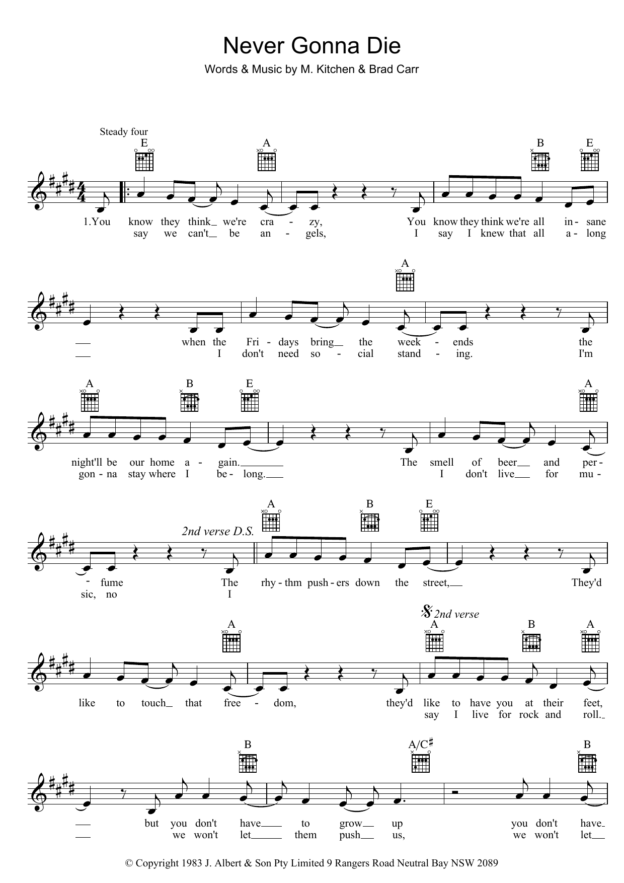 The Choirboys Never Gonna Die Sheet Music Notes & Chords for Melody Line, Lyrics & Chords - Download or Print PDF