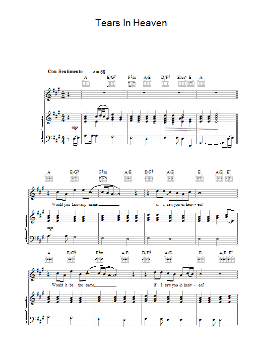 The Choirboys Tears In Heaven Sheet Music Notes & Chords for Piano, Vocal & Guitar (Right-Hand Melody) - Download or Print PDF