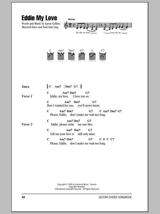 The Chordettes Eddie My Love Sheet Music Notes & Chords for Melody Line, Lyrics & Chords - Download or Print PDF
