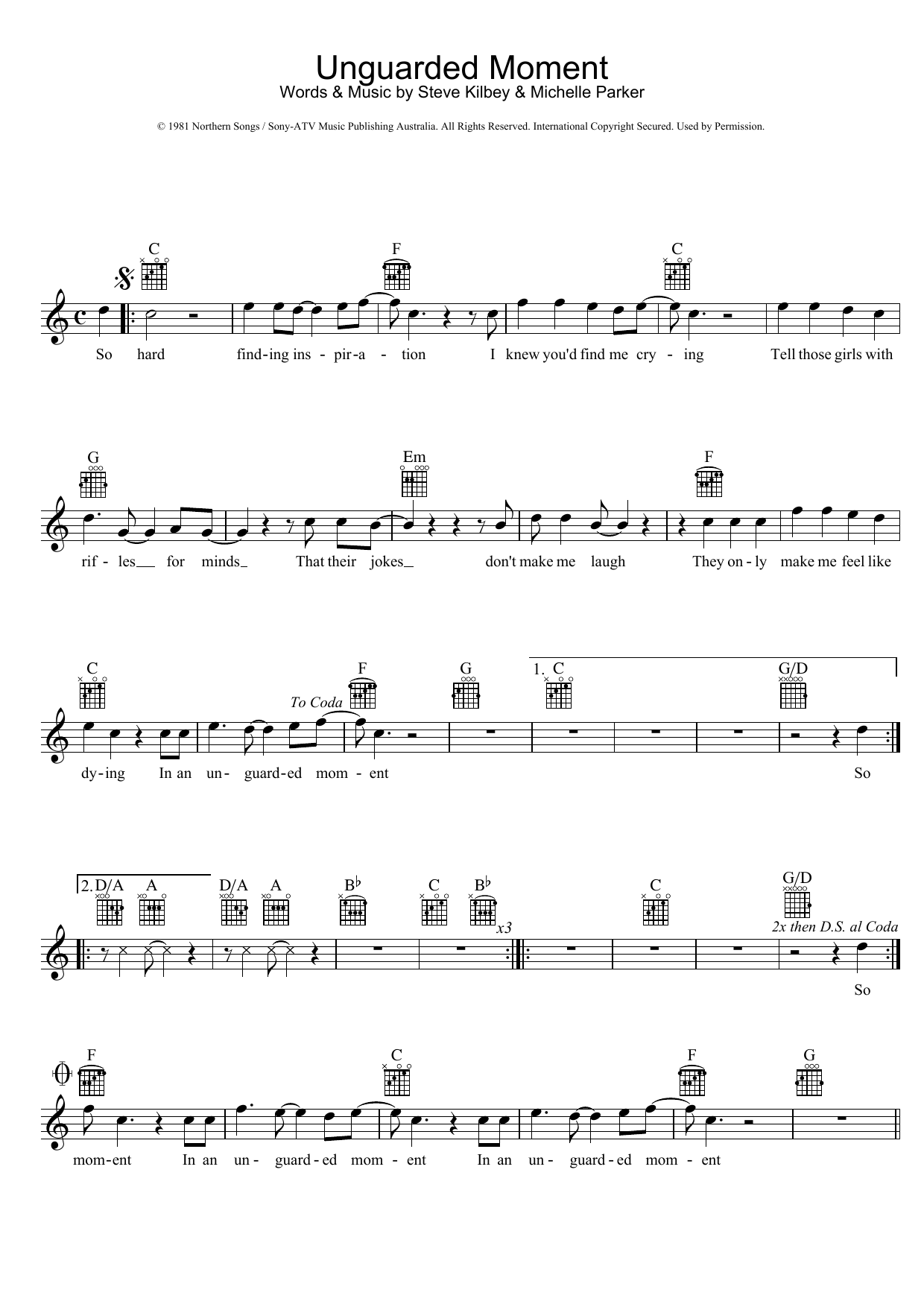 The Church Unguarded Moment Sheet Music Notes & Chords for Melody Line, Lyrics & Chords - Download or Print PDF