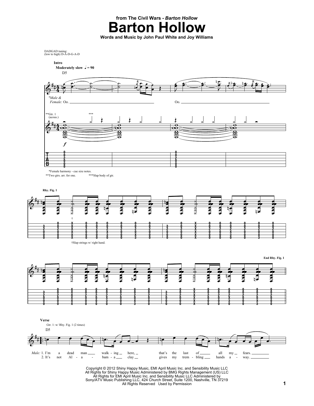 The Civil Wars Barton Hollow Sheet Music Notes & Chords for Piano, Vocal & Guitar (Right-Hand Melody) - Download or Print PDF