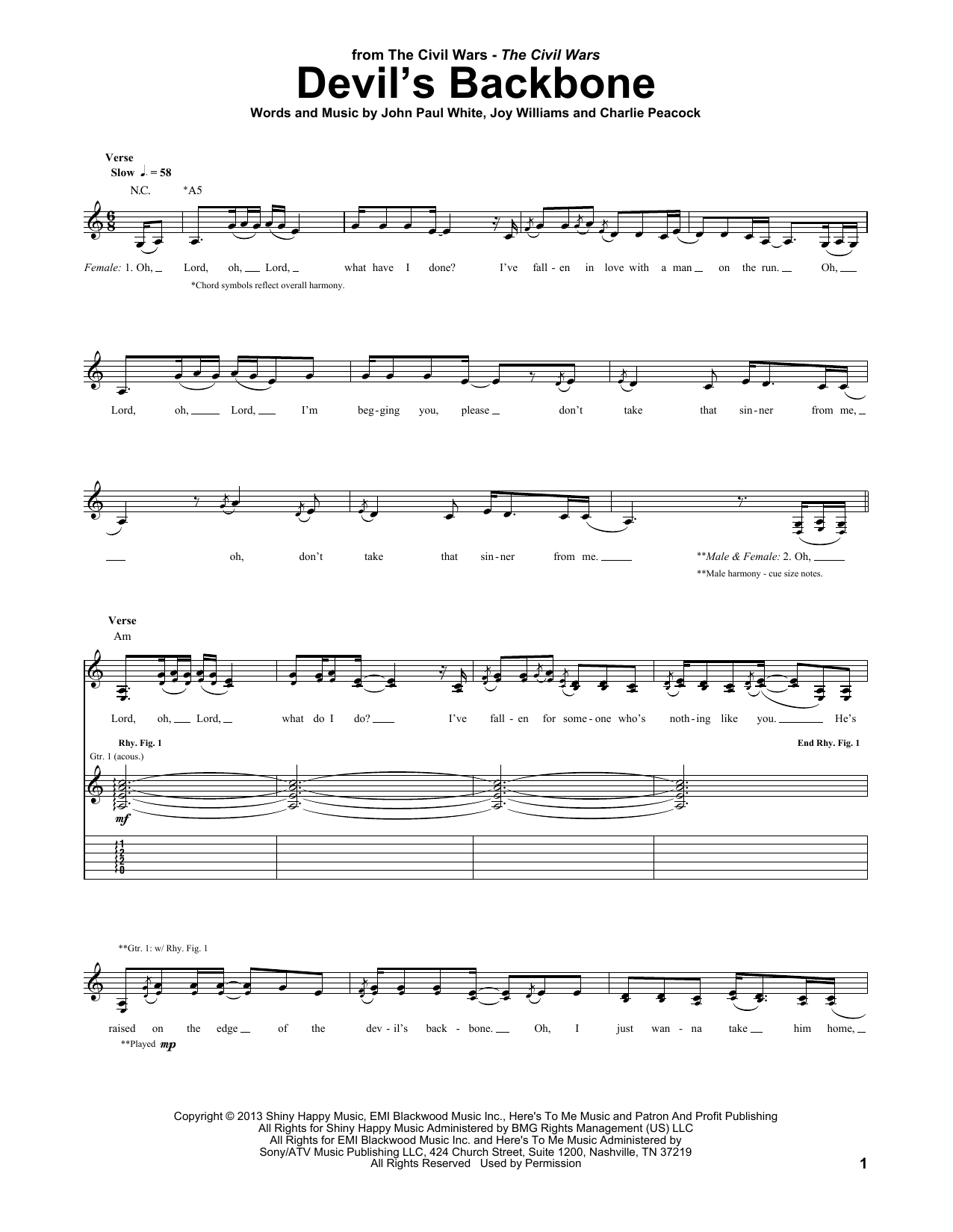 The Civil Wars Devil's Backbone Sheet Music Notes & Chords for Guitar Tab - Download or Print PDF