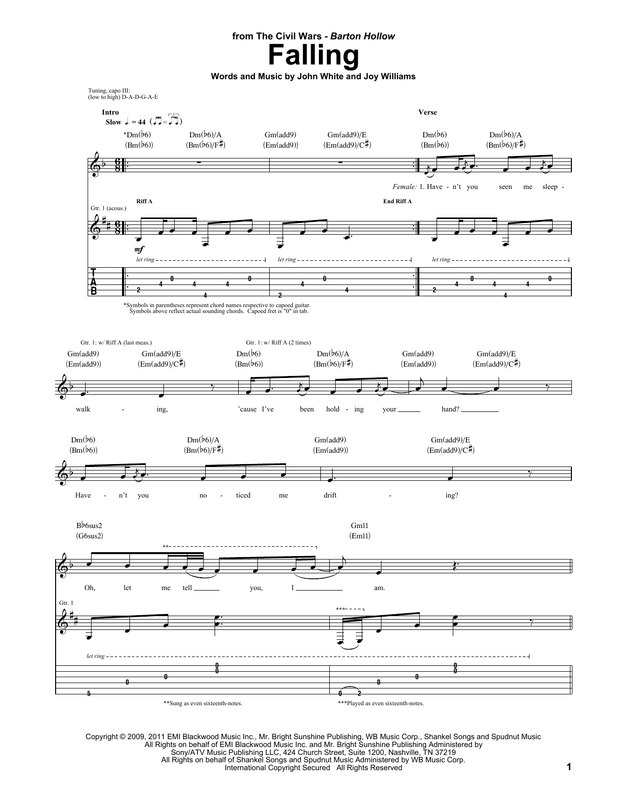 The Civil Wars Falling Sheet Music Notes & Chords for Guitar Tab - Download or Print PDF