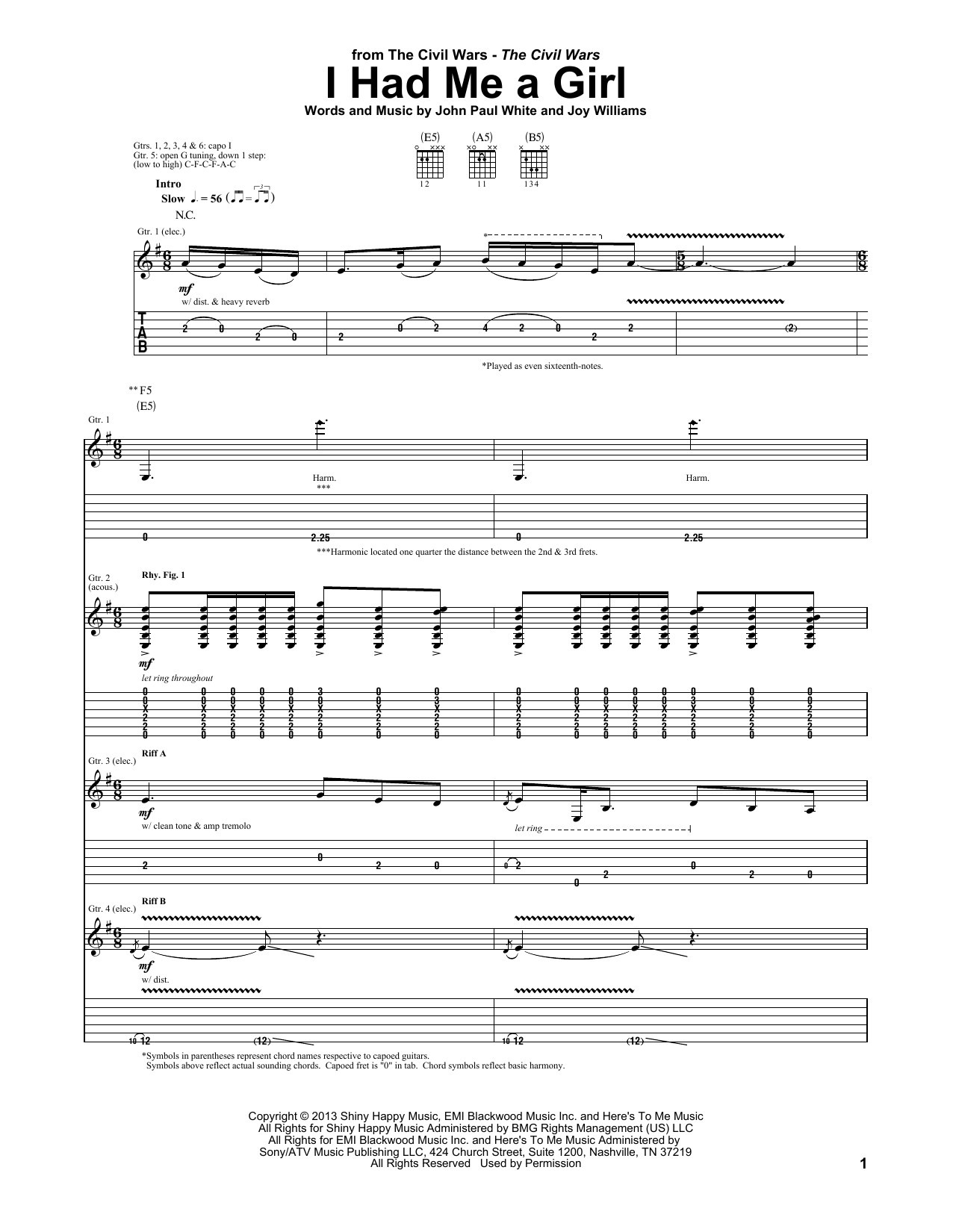 The Civil Wars I Had Me A Girl Sheet Music Notes & Chords for Guitar Tab - Download or Print PDF