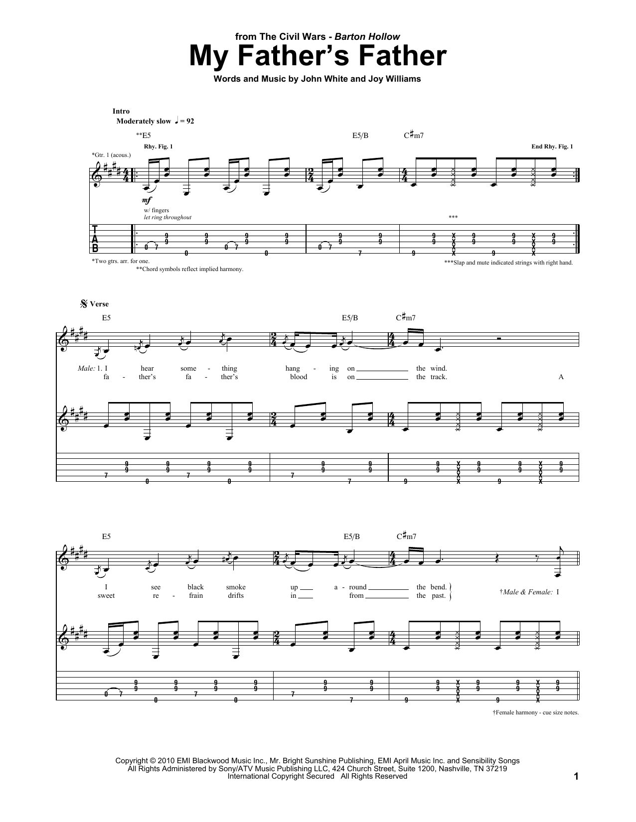 The Civil Wars My Father's Father Sheet Music Notes & Chords for Guitar Tab - Download or Print PDF