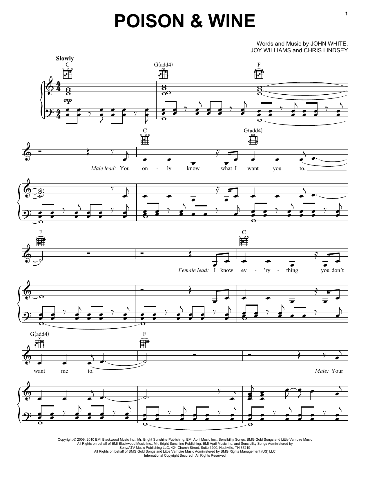 The Civil Wars Poison and Wine Sheet Music Notes & Chords for Piano, Vocal & Guitar (Right-Hand Melody) - Download or Print PDF
