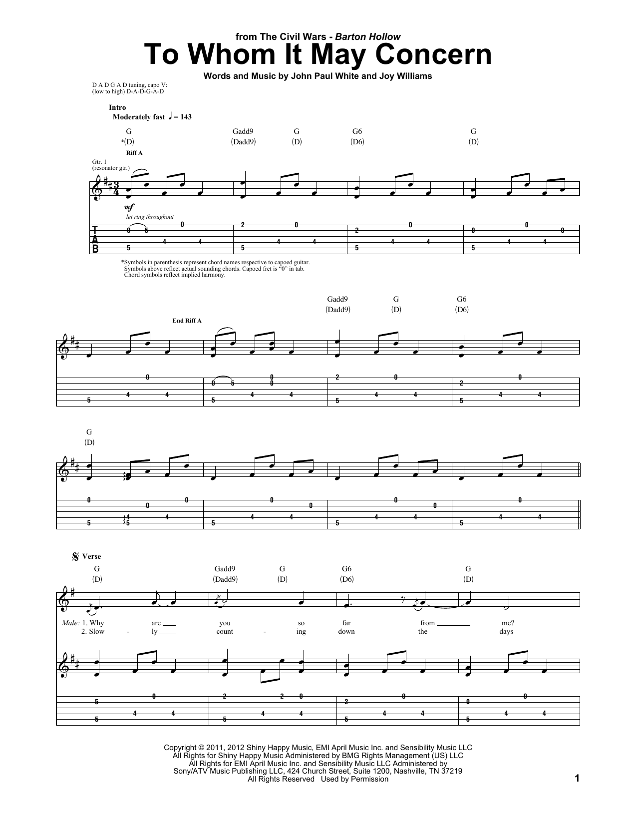 The Civil Wars To Whom It May Concern Sheet Music Notes & Chords for Guitar Tab - Download or Print PDF