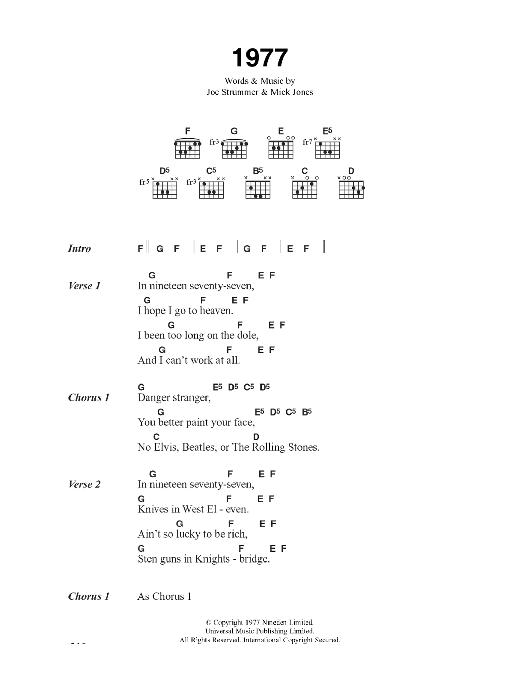 The Clash 1977 Sheet Music Notes & Chords for Lyrics & Chords - Download or Print PDF