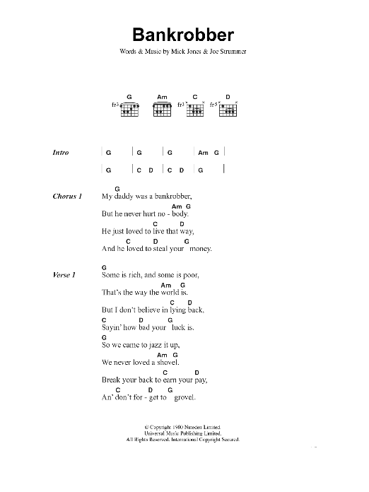 The Clash Bankrobber Sheet Music Notes & Chords for Lyrics & Chords - Download or Print PDF