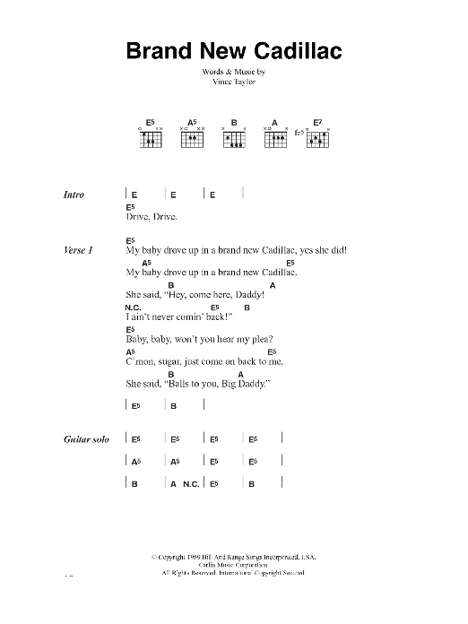 The Clash Brand New Cadillac Sheet Music Notes & Chords for Lyrics & Chords - Download or Print PDF