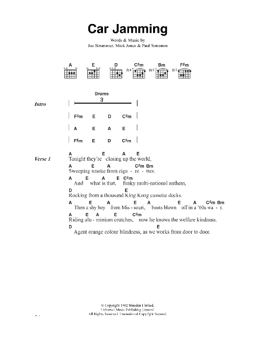 The Clash Car Jamming Sheet Music Notes & Chords for Lyrics & Chords - Download or Print PDF