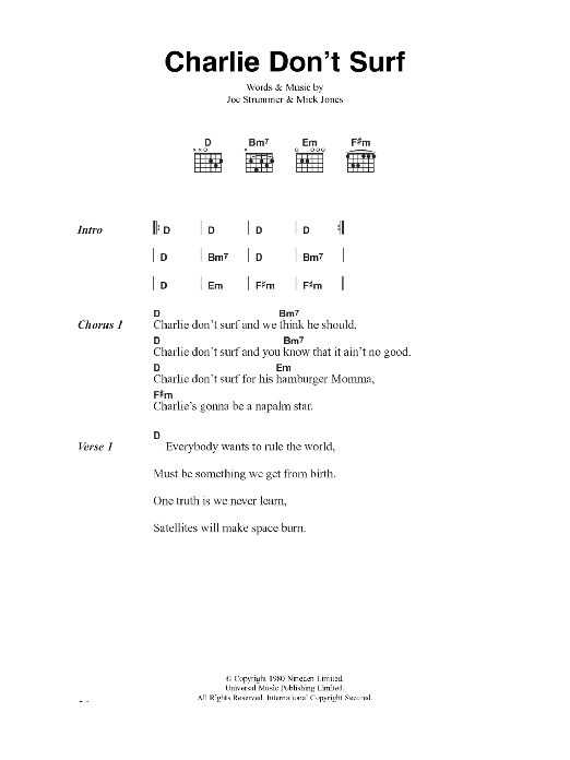 The Clash Charlie Don't Surf Sheet Music Notes & Chords for Lyrics & Chords - Download or Print PDF