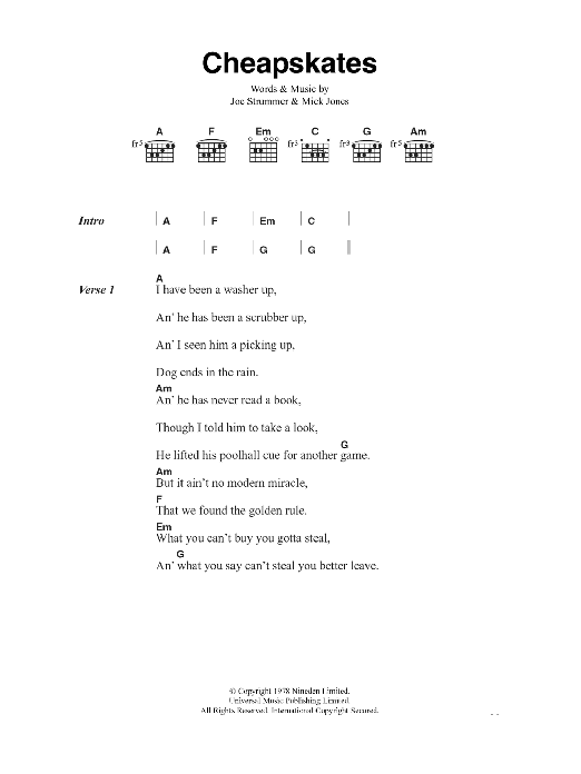 The Clash Cheapskates Sheet Music Notes & Chords for Lyrics & Chords - Download or Print PDF