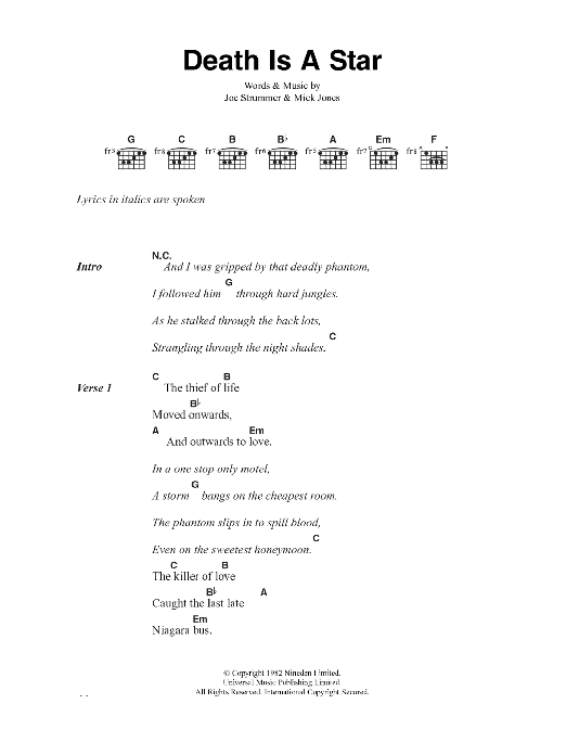 The Clash Death Is A Star Sheet Music Notes & Chords for Lyrics & Chords - Download or Print PDF