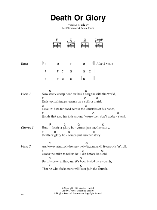 The Clash Death Or Glory Sheet Music Notes & Chords for Lyrics & Chords - Download or Print PDF