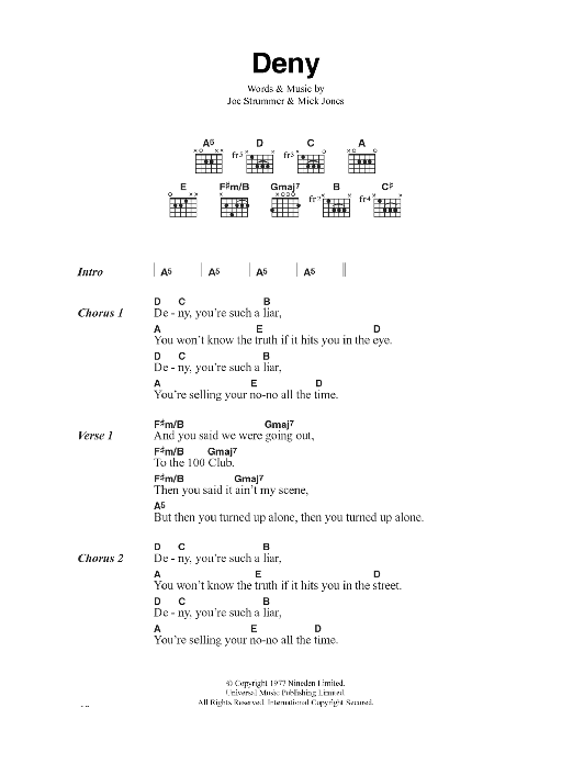 The Clash Deny Sheet Music Notes & Chords for Lyrics & Chords - Download or Print PDF