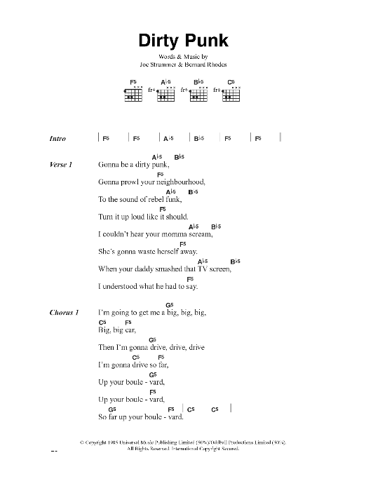 The Clash Dirty Punk Sheet Music Notes & Chords for Lyrics & Chords - Download or Print PDF