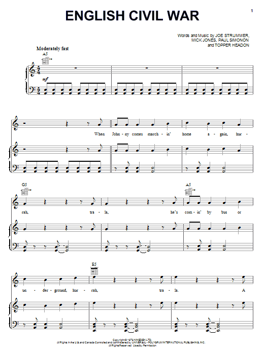 The Clash English Civil War Sheet Music Notes & Chords for Piano, Vocal & Guitar (Right-Hand Melody) - Download or Print PDF
