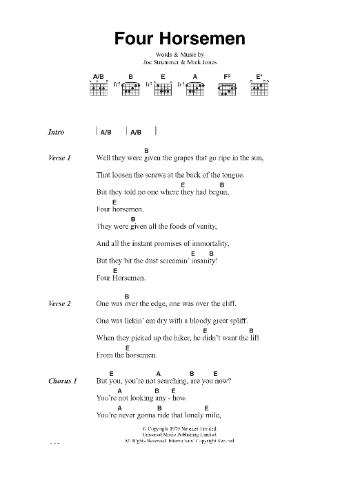 The Clash Four Horsemen Sheet Music Notes & Chords for Lyrics & Chords - Download or Print PDF