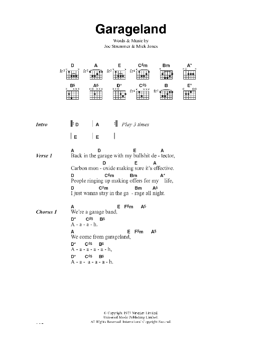 The Clash Garageland Sheet Music Notes & Chords for Lyrics & Chords - Download or Print PDF