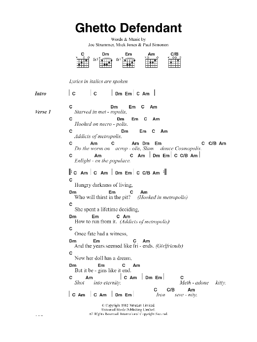 The Clash Ghetto Defendant Sheet Music Notes & Chords for Lyrics & Chords - Download or Print PDF